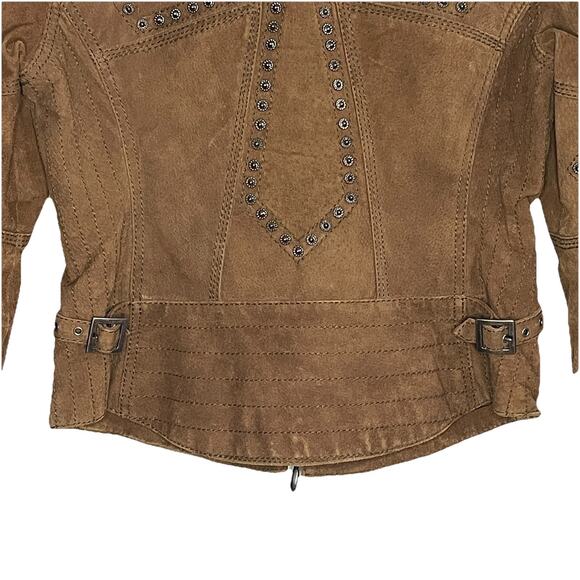 Vintage Cripple Creek Studded Suede Leather Jacket Cross Design Brown Size Small - Picture 8 of 9